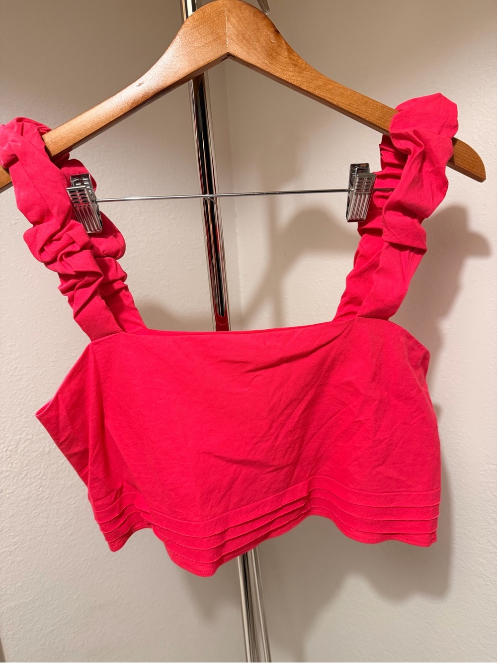 Ramy Brook Ruffled Strap Hot Pink Fuschia Linen Crop Top
